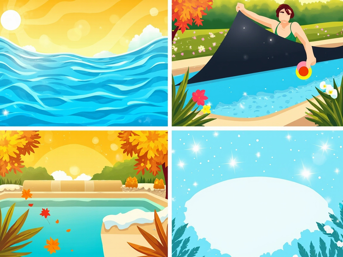 Four seasons of pool care: summer sun, spring opening, autumn leaves, winter pool cover