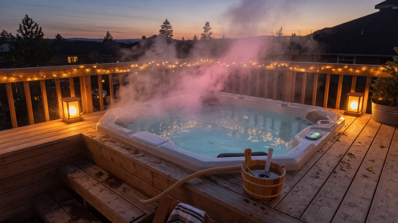 Steaming outdoor hot tub on a wooden deck at dusk