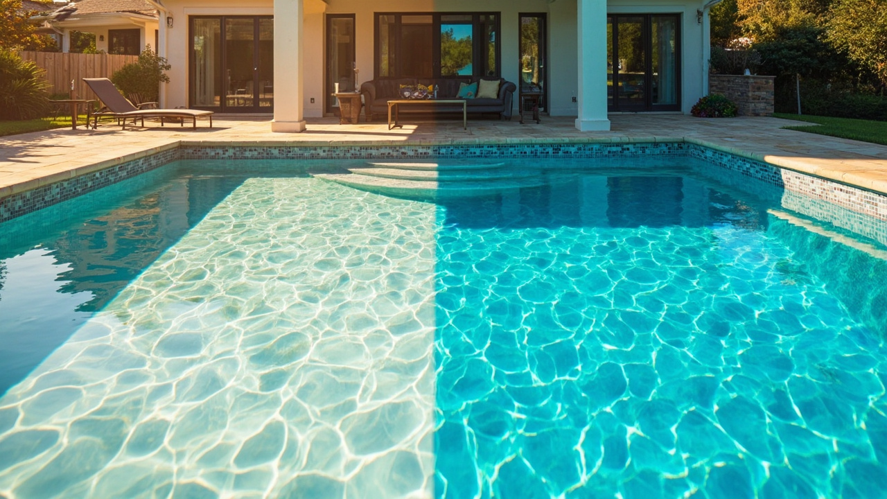 Split frame showing milky cloudy pool water on left transitioning to crystal clear turquoise pool on right after 24 hours of filtration and clarifier treatment