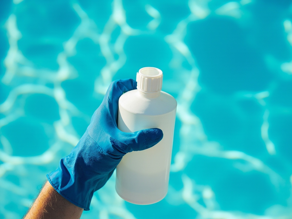 Hand wearing blue pool glove holding plain white clarifier bottle over pool deck, top-down view showing enzyme clarifier for cloudy pool routine maintenance
