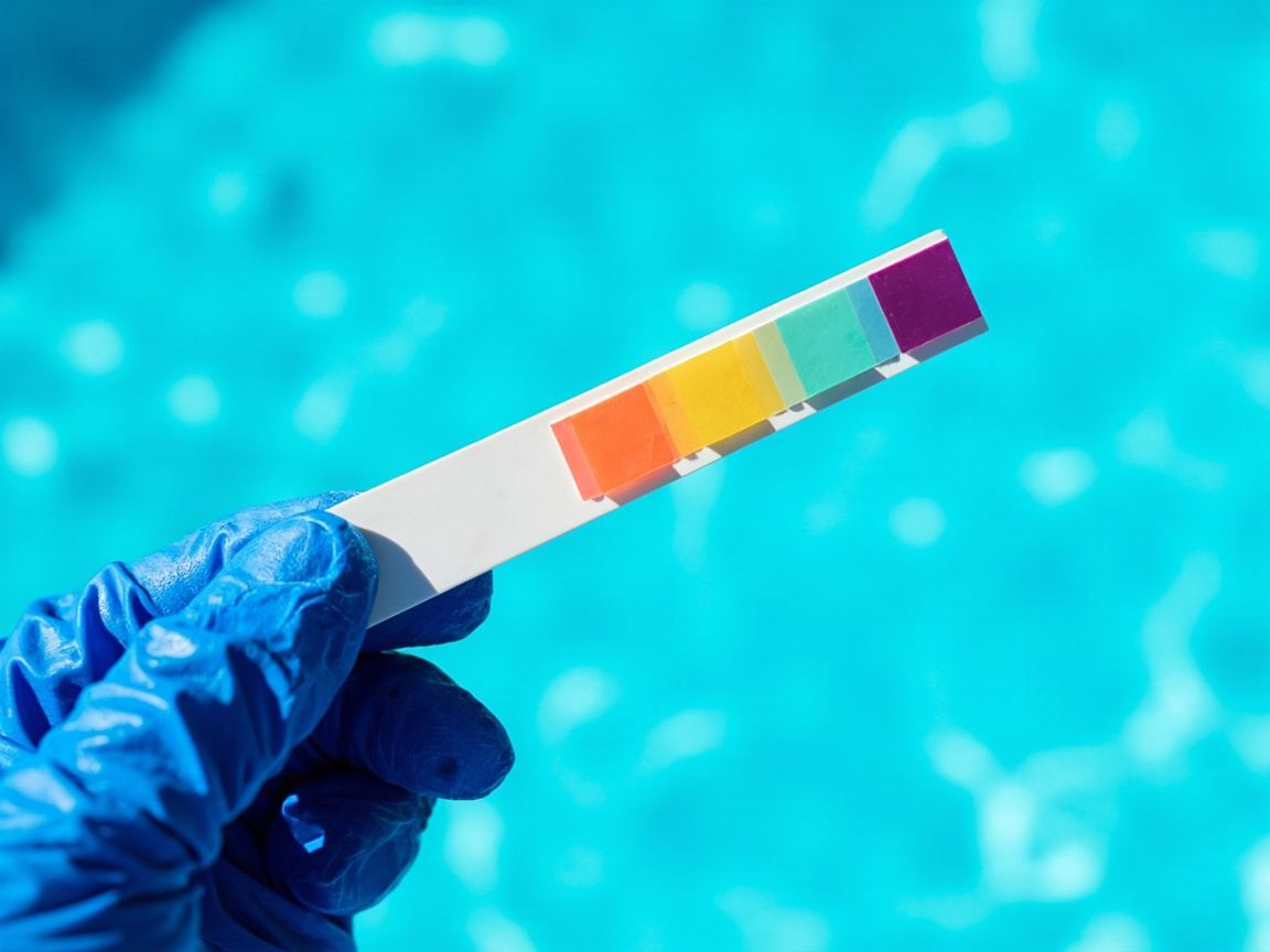 Real pool multi-test strip with four rectangular reagent pads held by blue-gloved hand, showing FC pink, pH orange, TA teal, CYA purple readings for diagnosing cloudy water